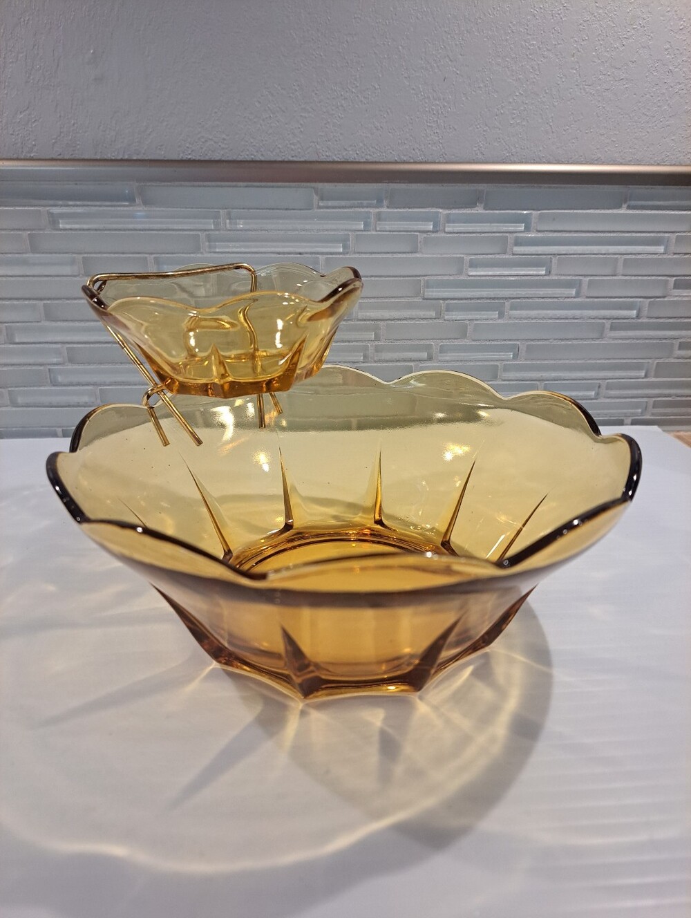 Vtg Anchor Hocking Golden Amber Glass Chip & Dip Set Swedish Modern